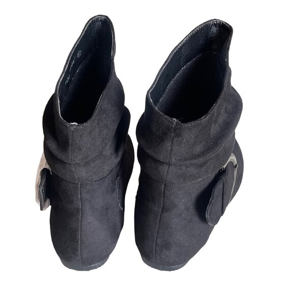 Faux Suede Slouch Ankle Boots – Flat Heel • Large Buckle Strap • Casual & Cool - Picture 5 of 7